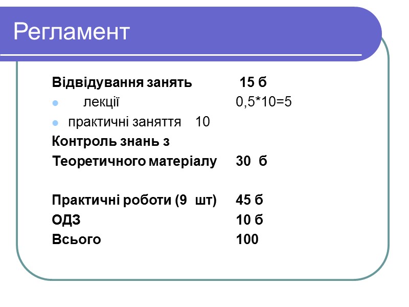 Регламент Відвідування занять   15 б      лекції 